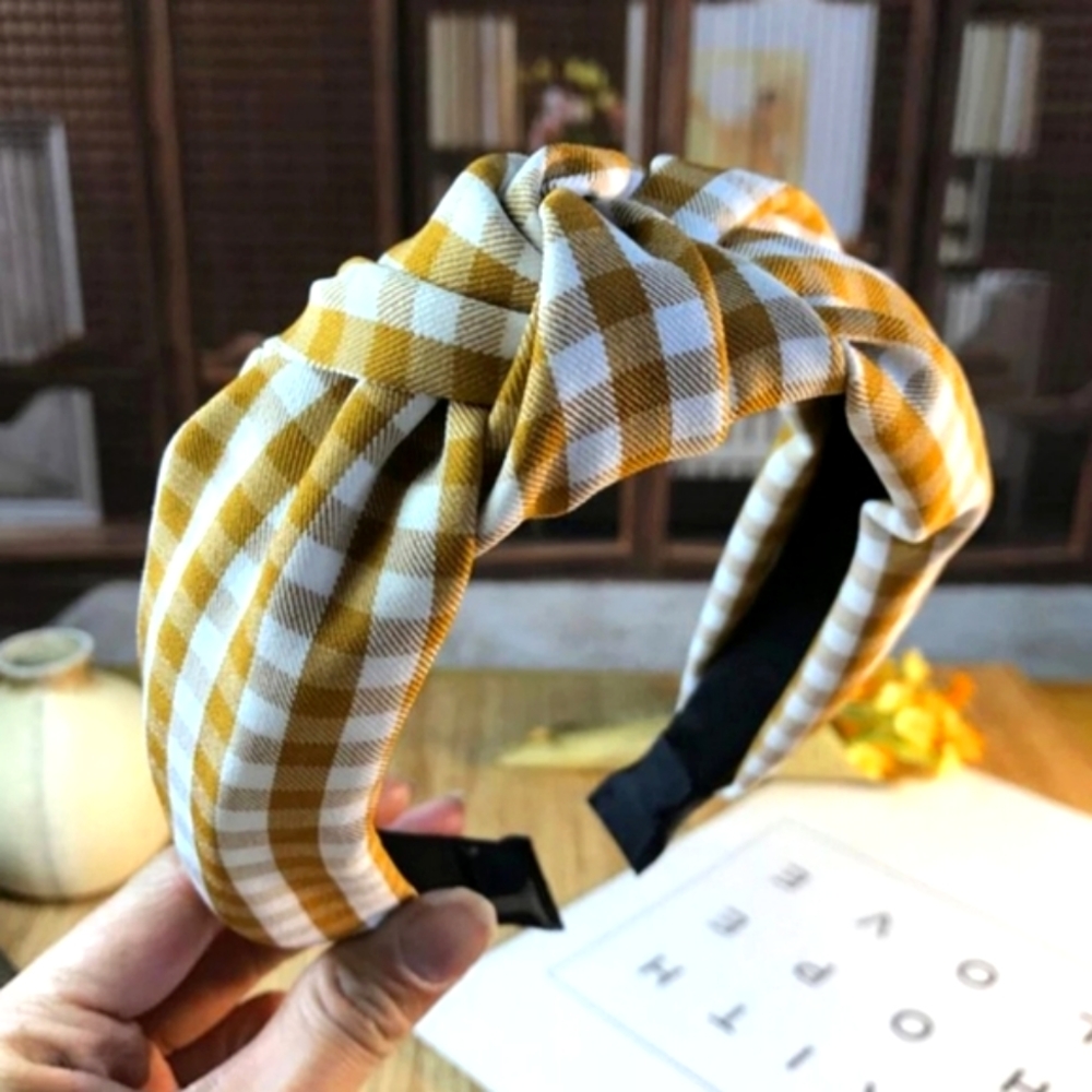 Gingham Plaid Topknot Headband - Bronze